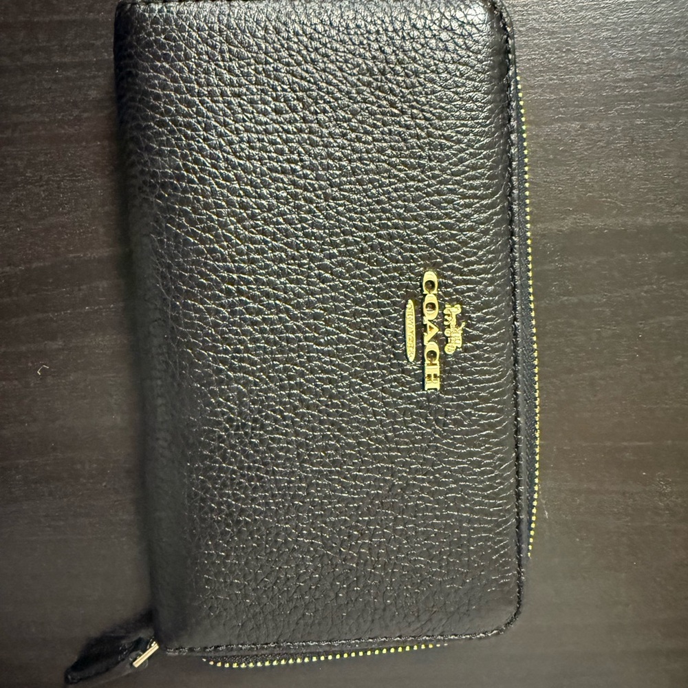 Coach Pebbled Black Leather Wallet with Gold Accents